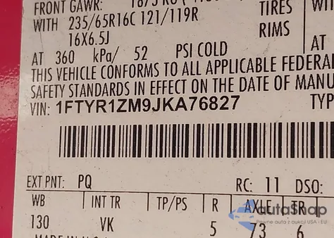 2018 Ford Transit-250 из США, поврежденный, VIN 1FTYR1ZM9JKA76827